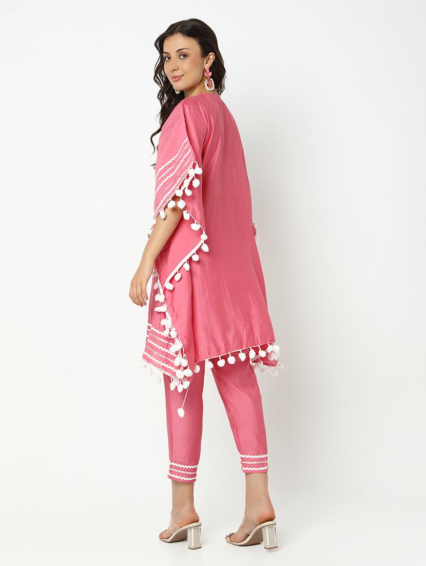 women solid with work kimono sleeve kaftan kurta pant set - 21979787 - Standard Image - 4