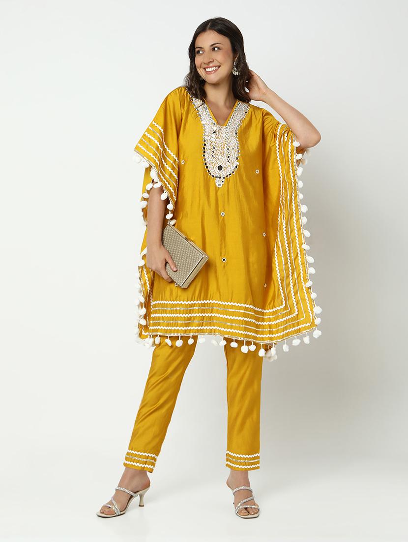 women solid with work kimono sleeve kaftan kurta pant set - 21979788 - Zoom Image - 0