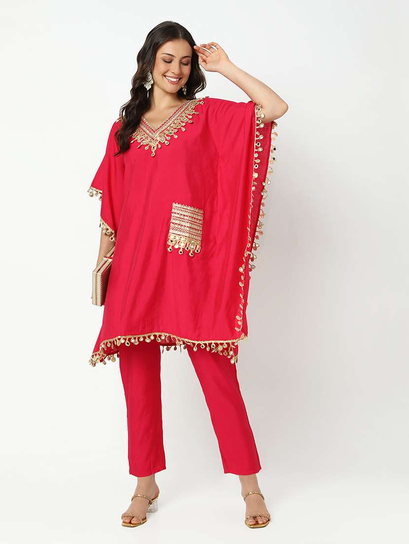 women solid with work kimono sleeve kaftan kurta pant set - 21979789 - Zoom Image - 0