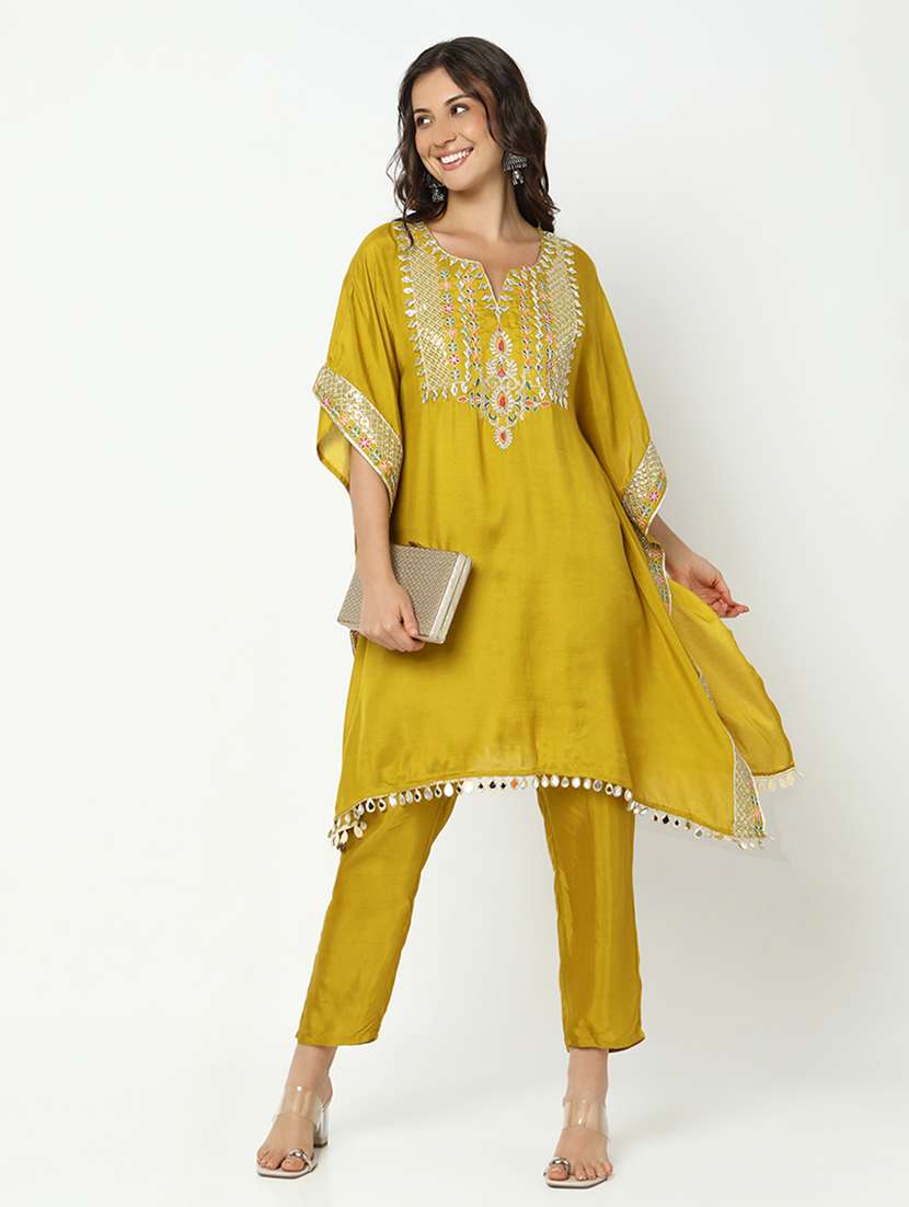 women solid with work kimono sleeve kaftan kurta pant set
