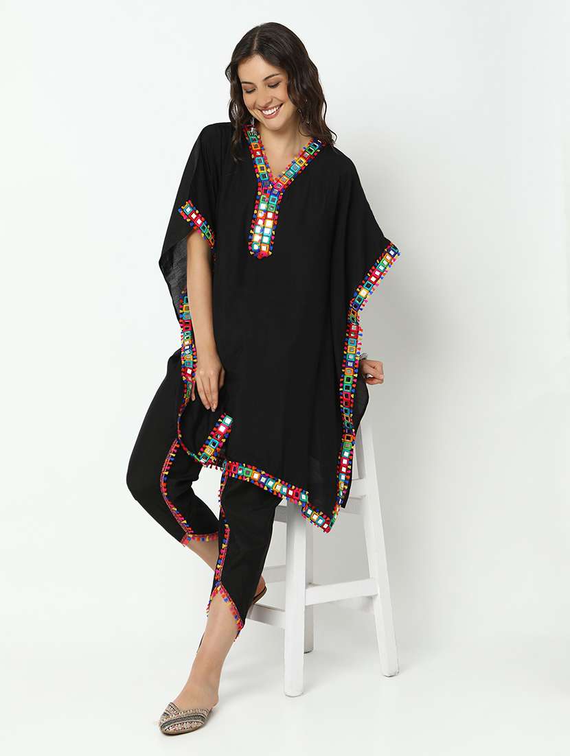 women solid with work kimono sleeve dhoti kaftan kurta set - 21979792 - Standard Image - 6