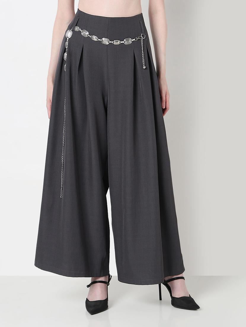 women solid high rise pleated korean pants - 21979800 - Standard Image - 1