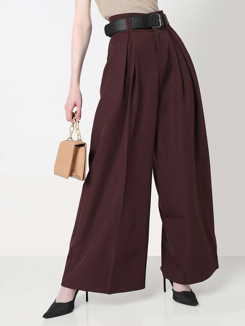 women solid high rise pleated korean pants 