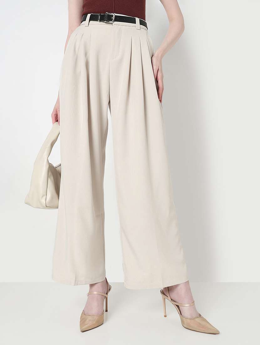 women solid high rise pleated korean pants 