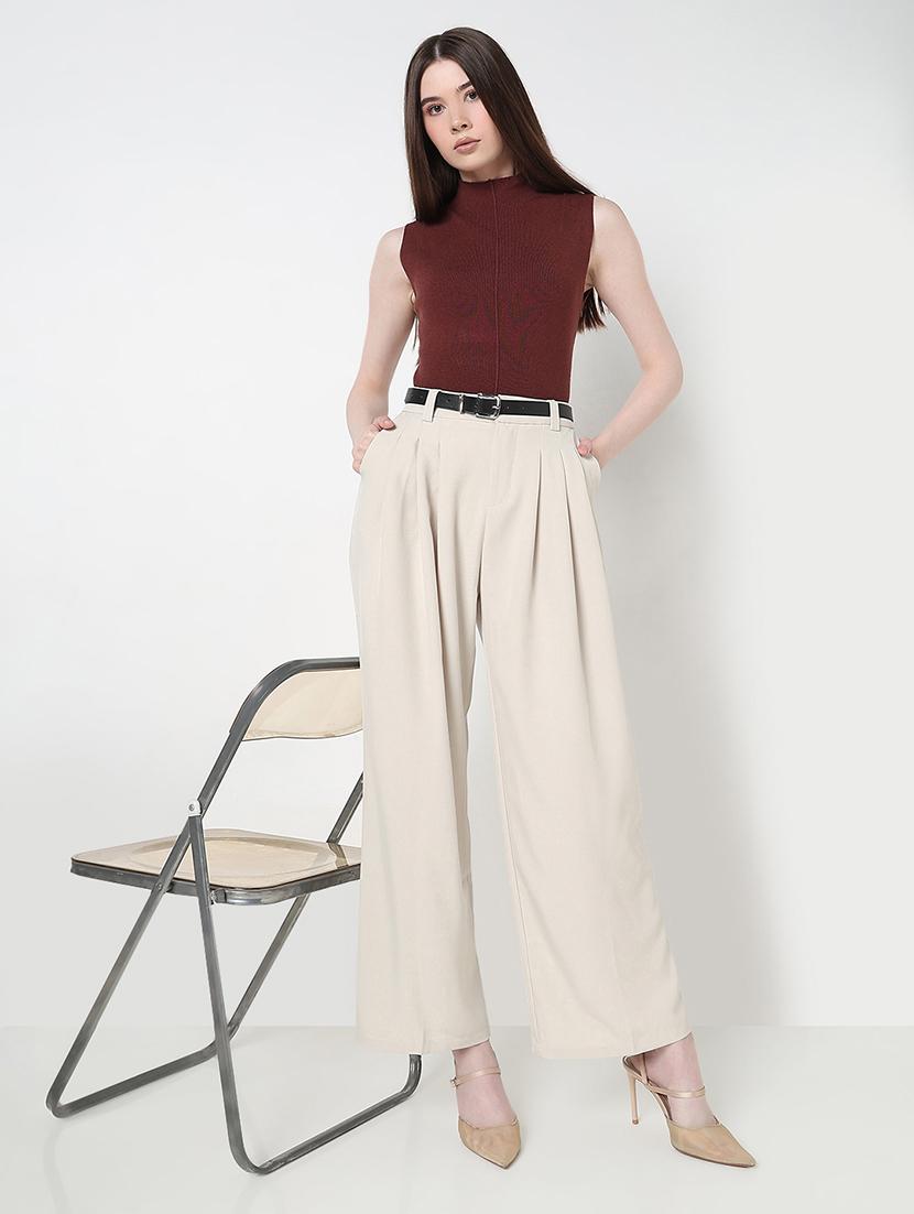 women solid high rise pleated korean pants - 21979803 - Standard Image - 4