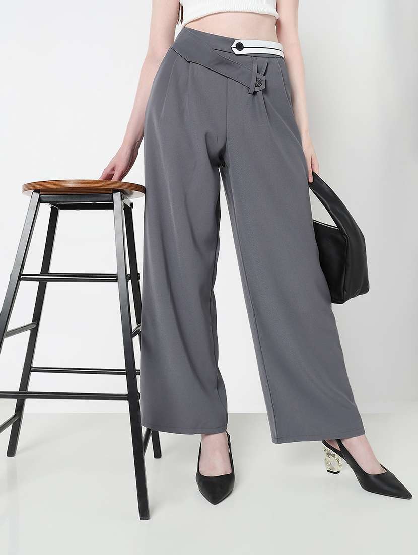 women solid high rise pleated korean pants 