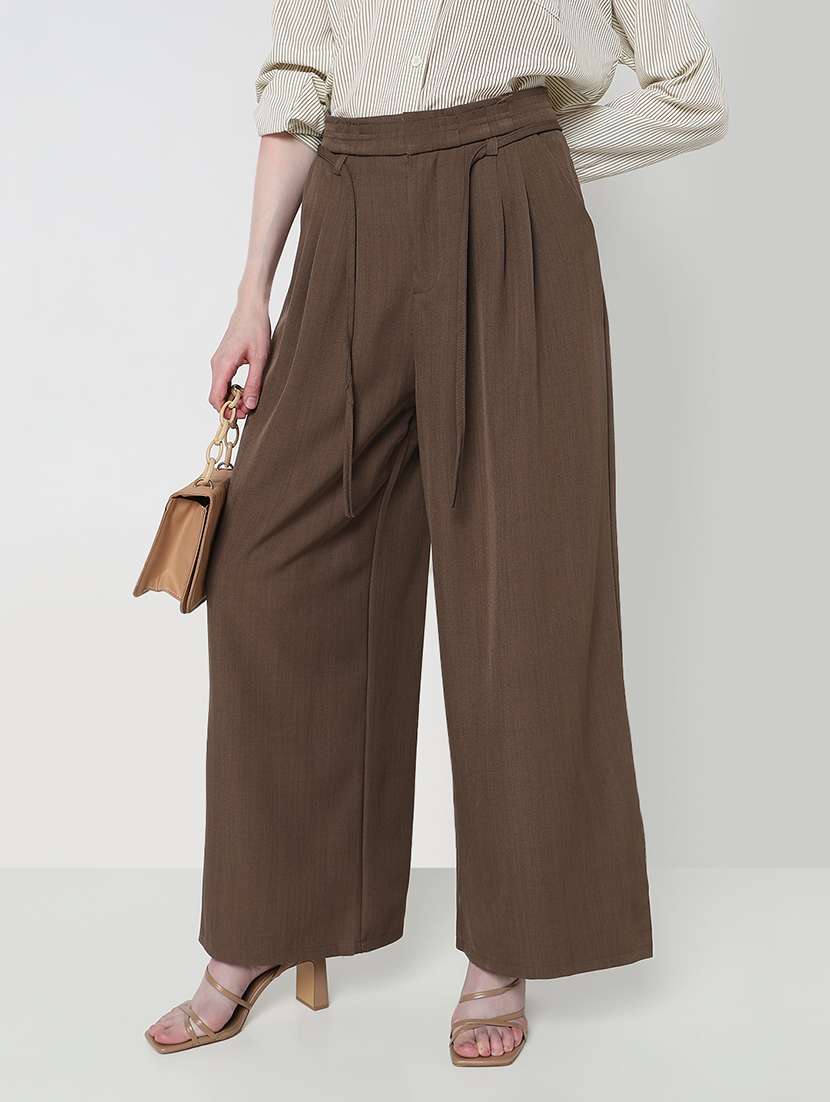 women solid high rise pleated korean pants 