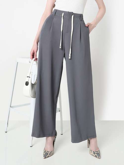 women solid high rise pleated wide leg trouser  - 21979808 -  Standard Image - 0