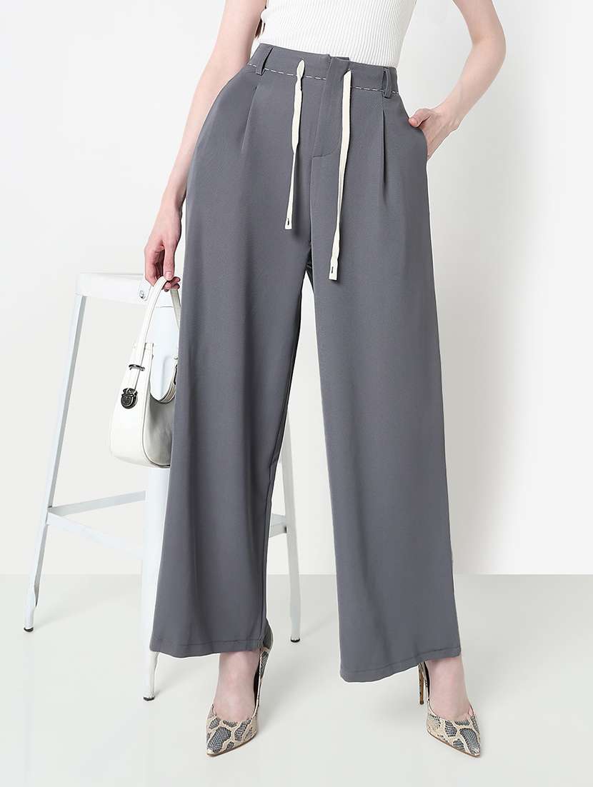 women solid high rise pleated wide leg trouser 