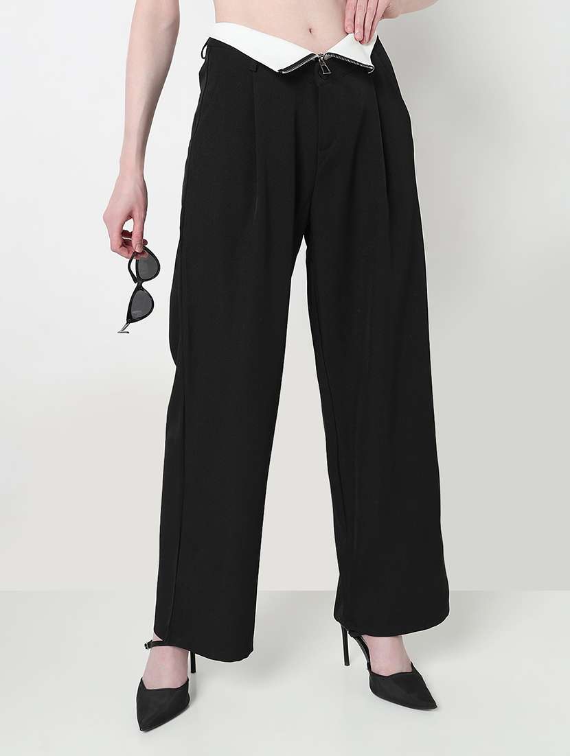 women solid high rise pleated korean pants 