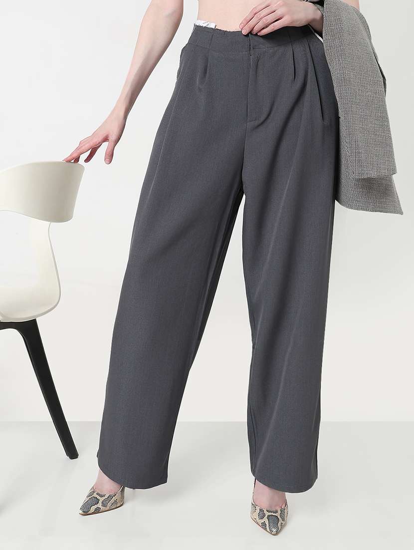 women solid high rise pleated korean pants 