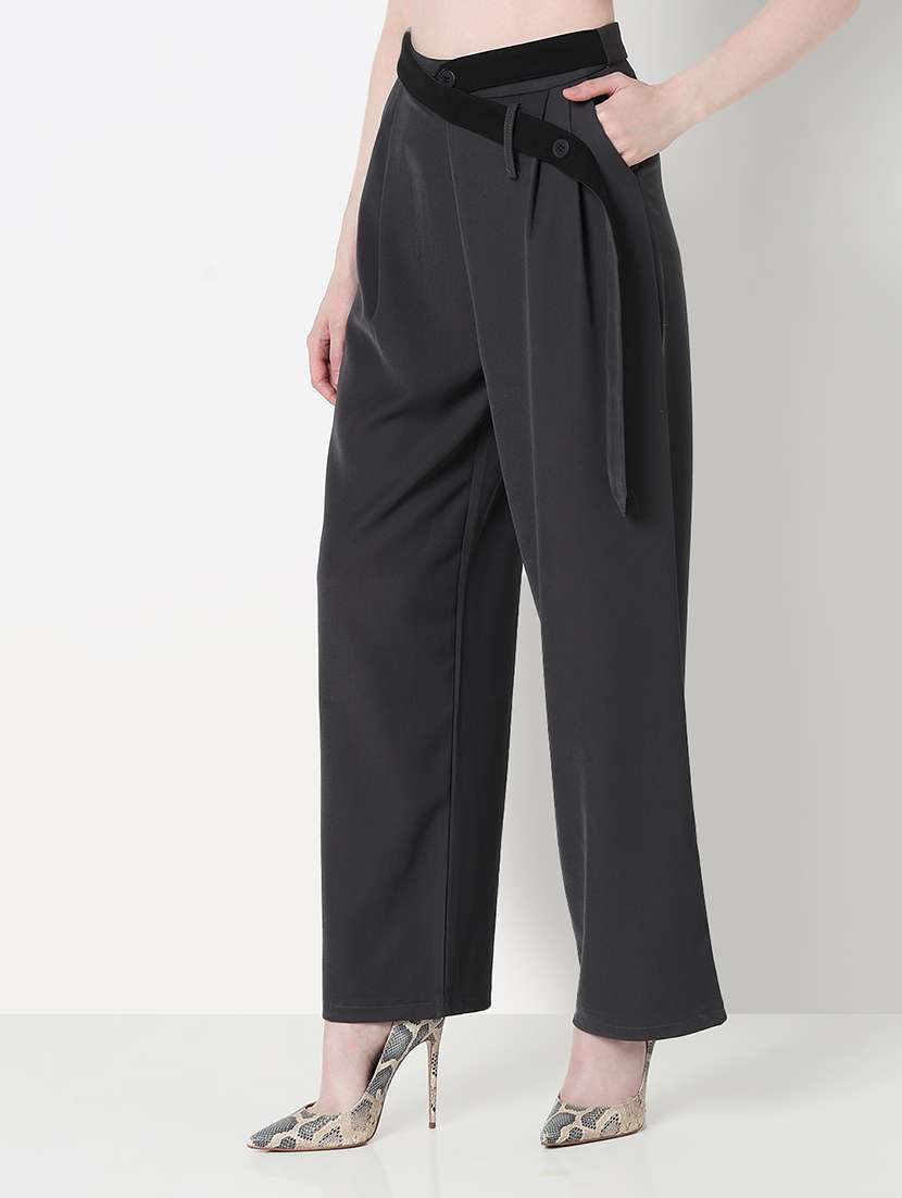 women solid high rise pleated straight trouser - 21979812 -  Standard Image - 1
