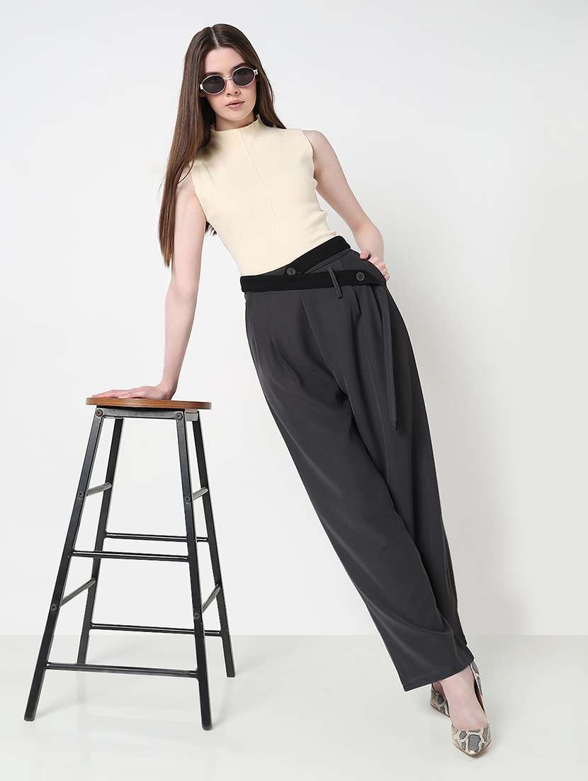 women solid high rise pleated straight trouser - 21979812 -  Standard Image - 4