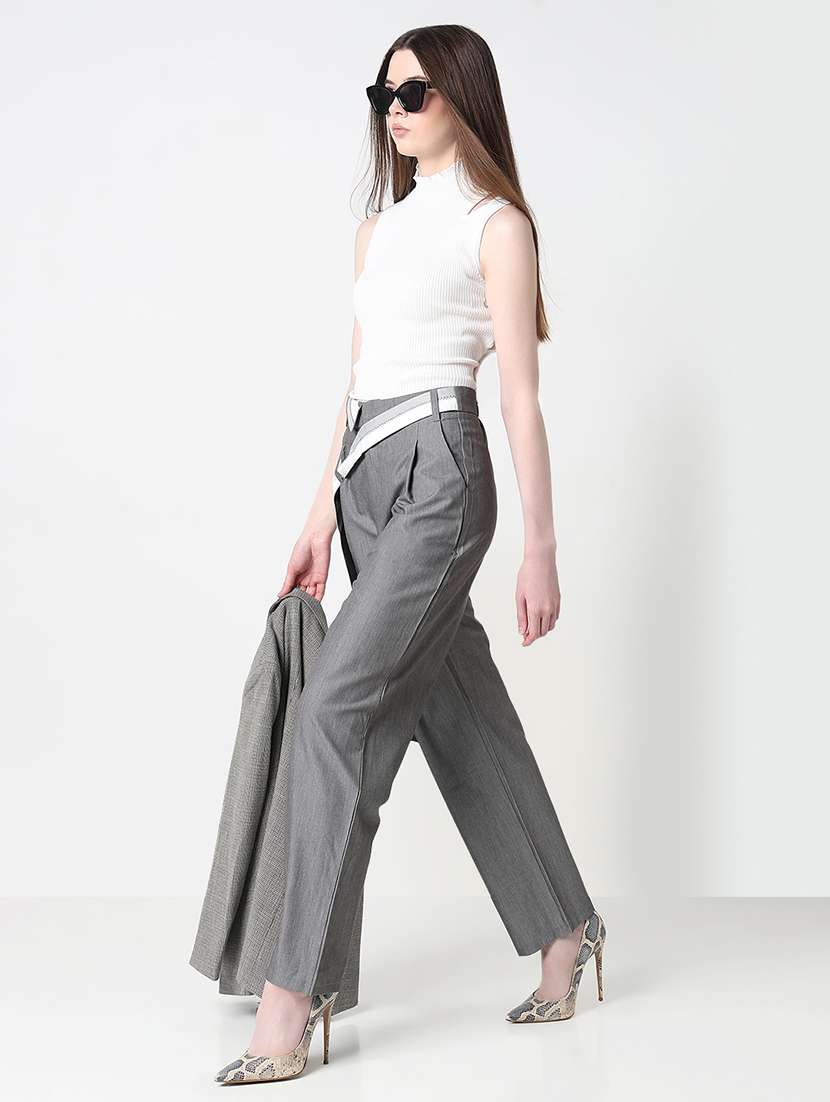 women solid high rise pleated straight trouser - 21979813 -  Standard Image - 4