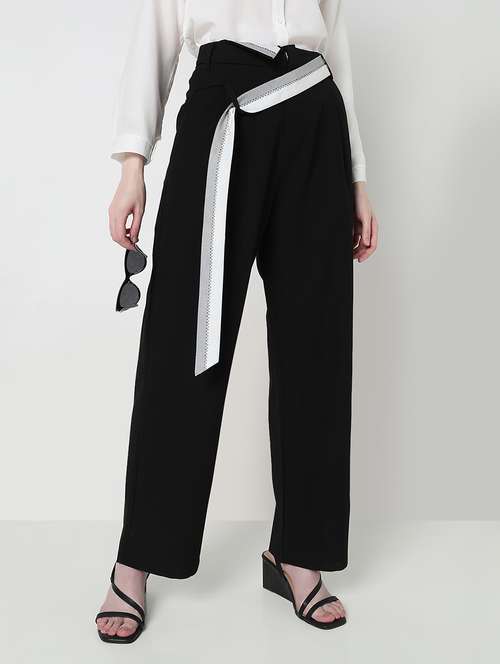 women solid high rise pleated straight trouser - 21979814 -  Standard Image - 0