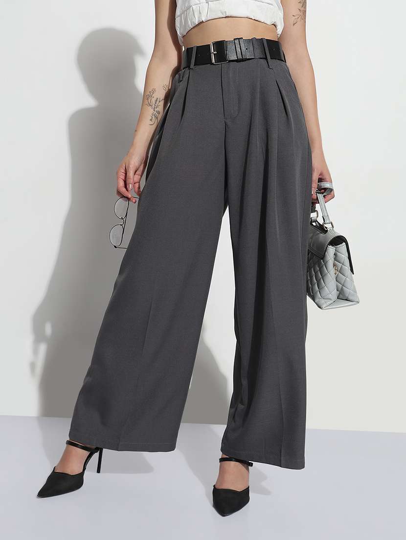 women solid high rise pleated korean pants 