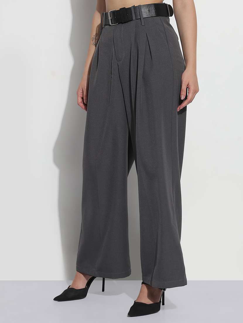 women solid high rise pleated korean pants  - 21979816 -  Standard Image - 1