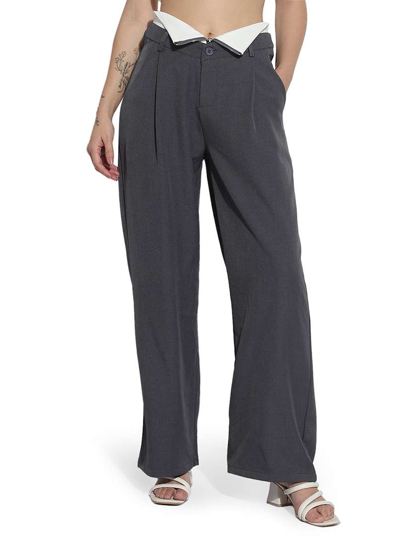 women solid high rise pleated korean pants  - 21979817 -  Standard Image - 1