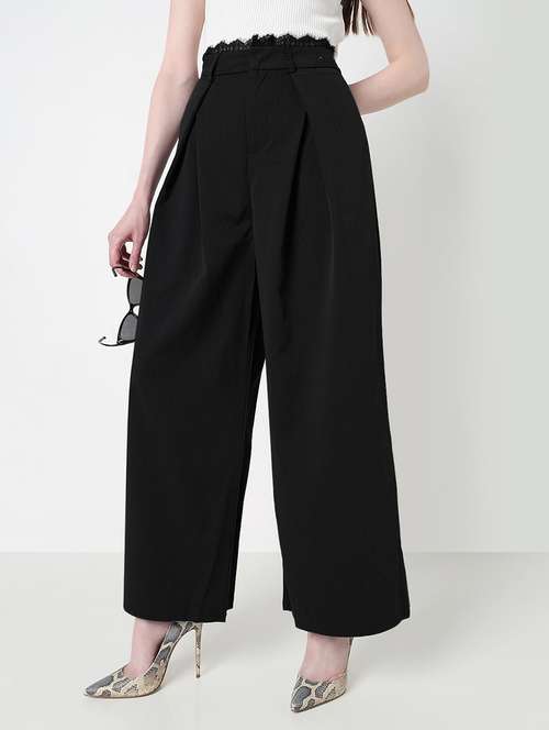 women solid high rise pleated korean pants  - 21979820 -  Standard Image - 0