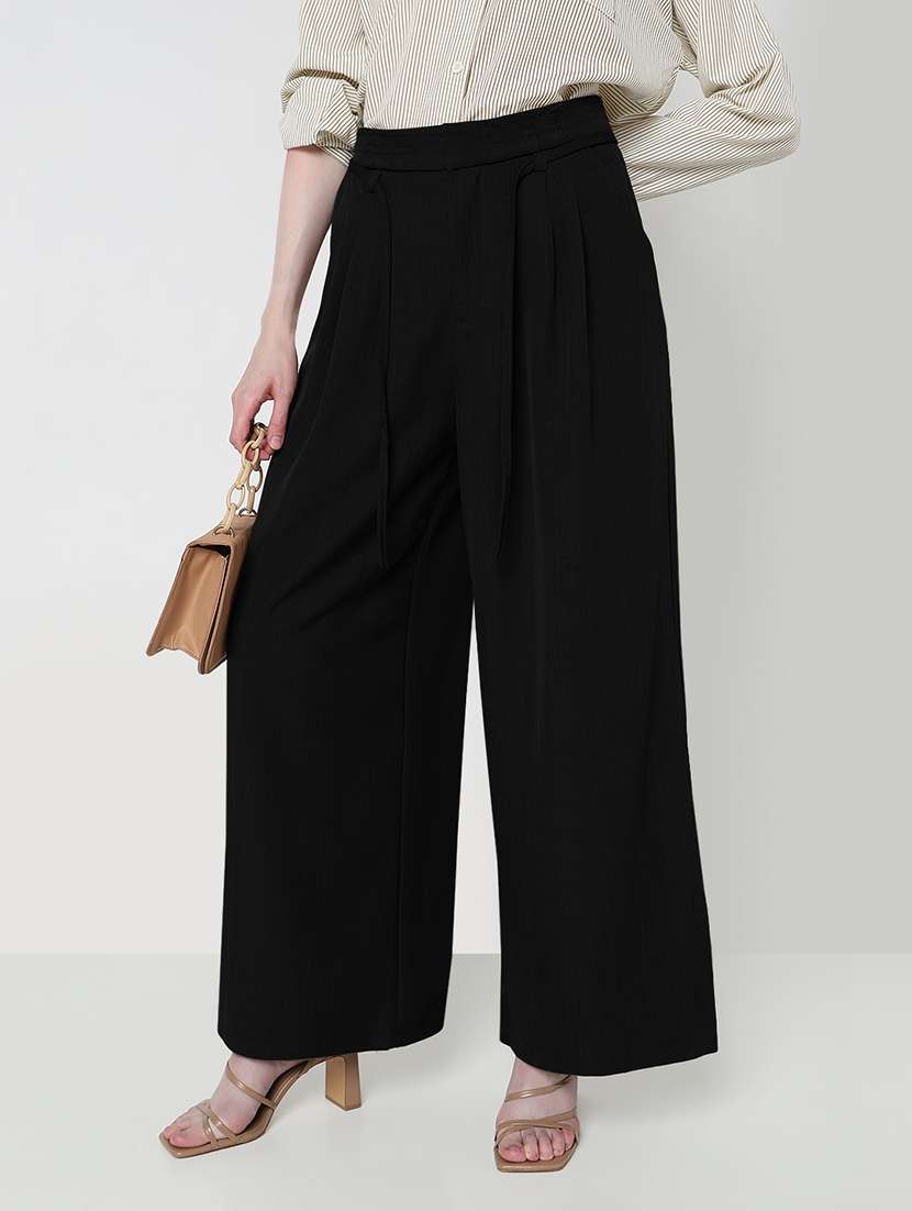 women solid high rise pleated korean pants 