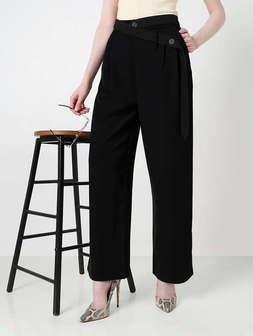 women solid high rise pleated straight pants  - 21979824 -  Standard Image - 0