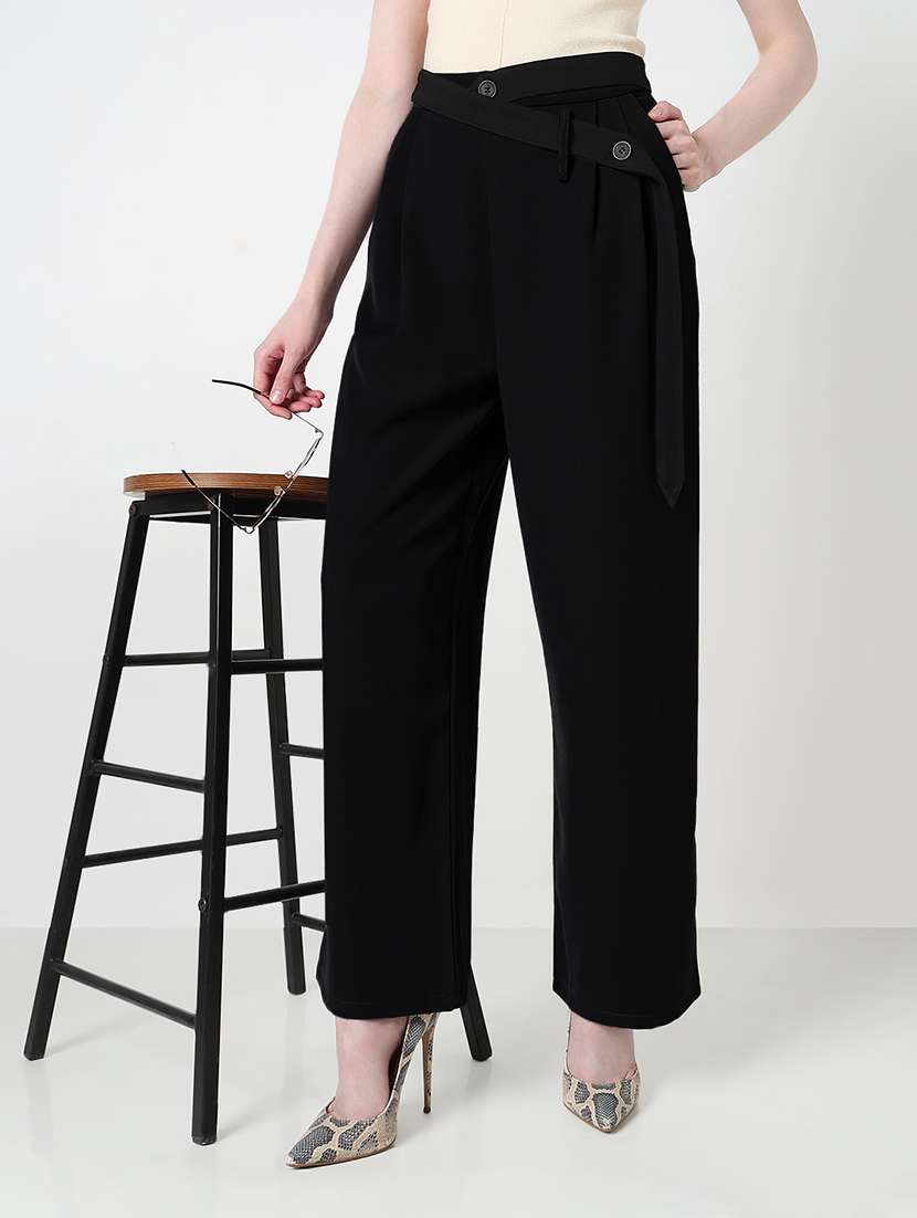 women solid high rise pleated straight pants 