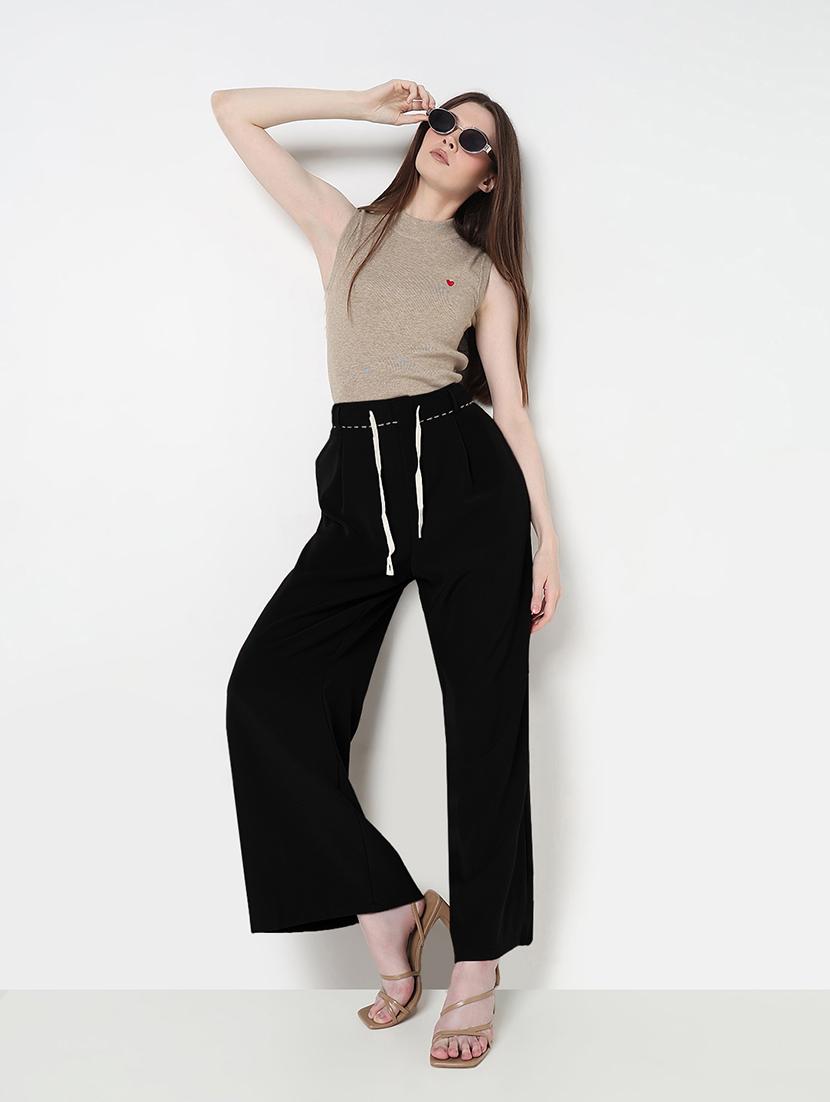 women solid high rise pleated straight pants - 21979826 - Zoom Image - 0