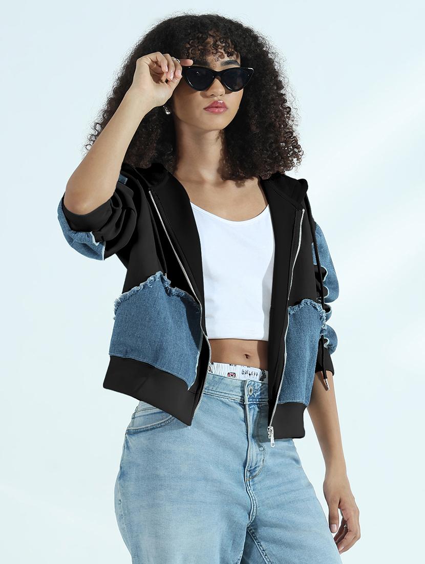 women color blocked hooded denim jacket - 21979827 -  Standard Image - 1