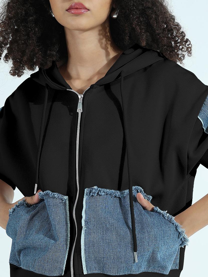 women color blocked hooded denim jacket - 21979827 - Standard Image - 4