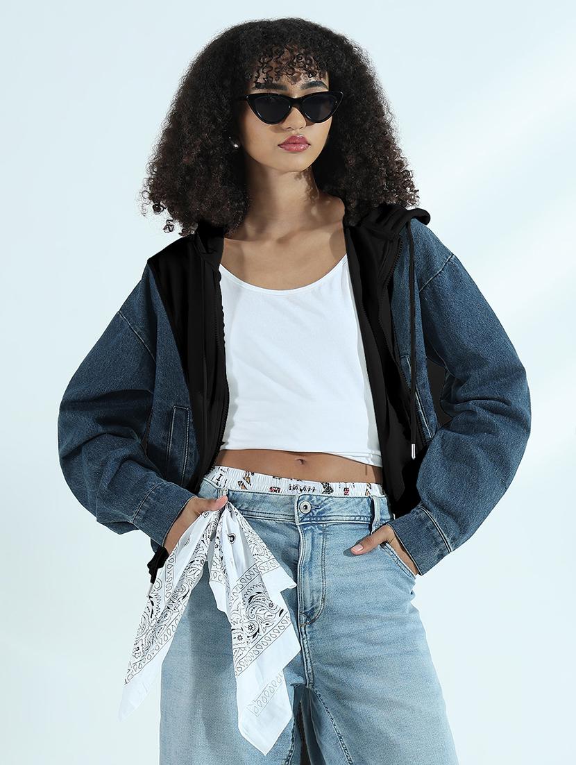 women color blocked hooded denim jacket - 21979828 - Standard Image - 1