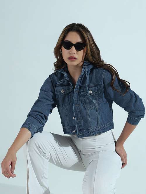 women solid long sleeve hooded crop denim jacket - 21979831 - Standard Image - 0