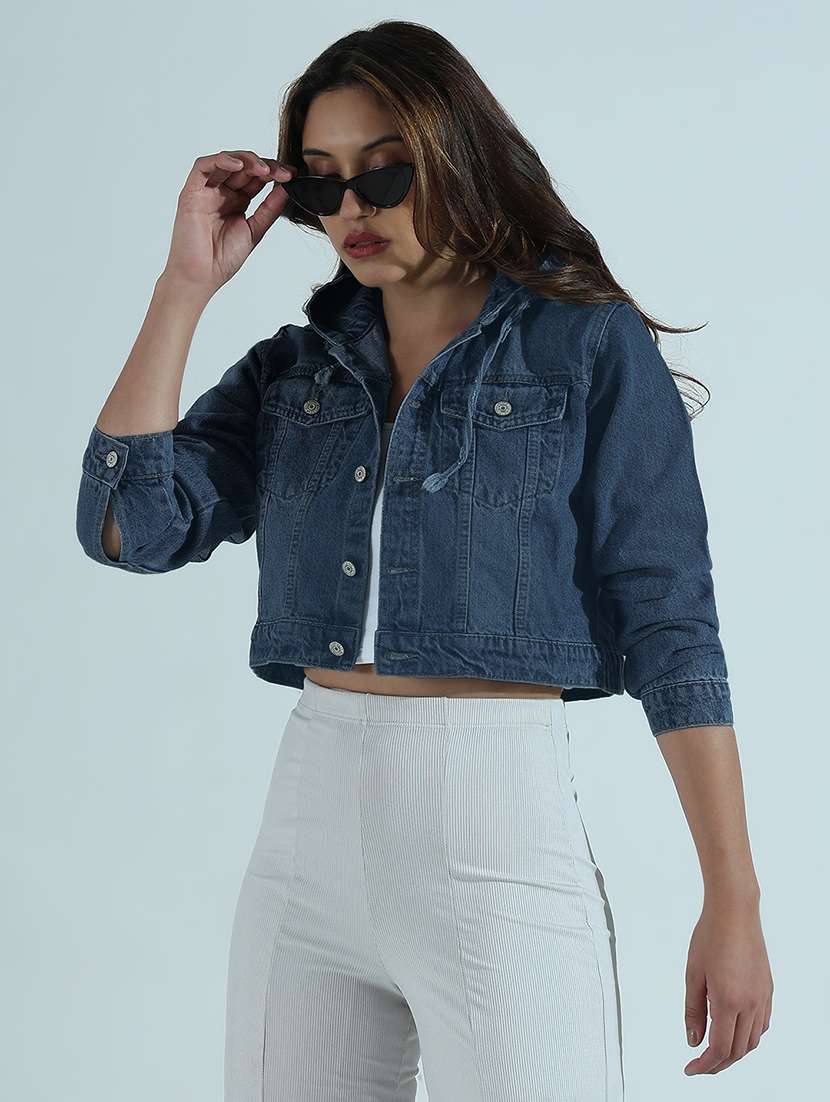 women solid long sleeve hooded crop denim jacket - 21979831 -  Standard Image - 1