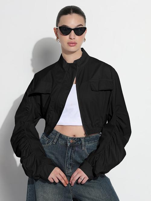 women solid long sleeve crop bomber jacket - 21979834 -  Standard Image - 0