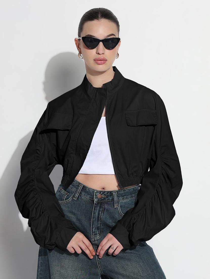 women solid long sleeve crop bomber jacket - 21979834 -  Zoom Image - 0
