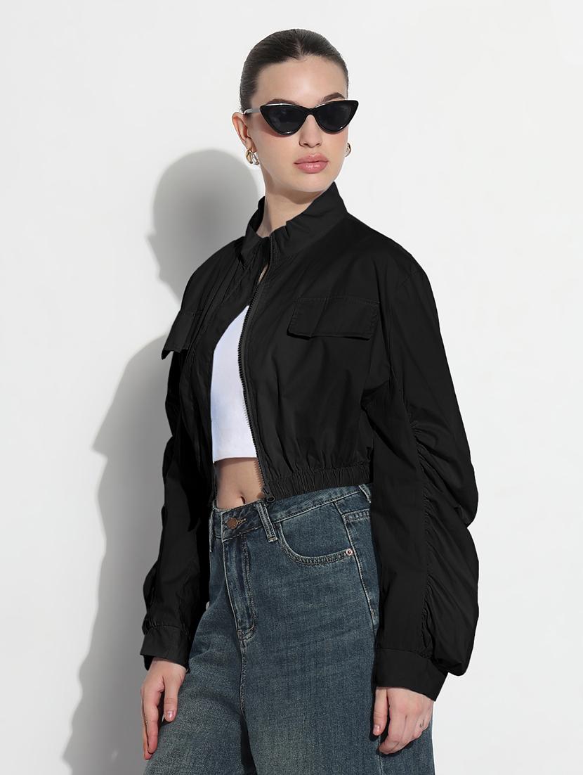 women solid long sleeve crop bomber jacket - 21979834 -  Standard Image - 1