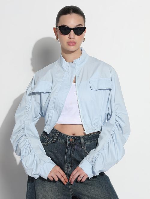 women solid long sleeve crop windcheater jacket - 21979835 - Standard Image - 0