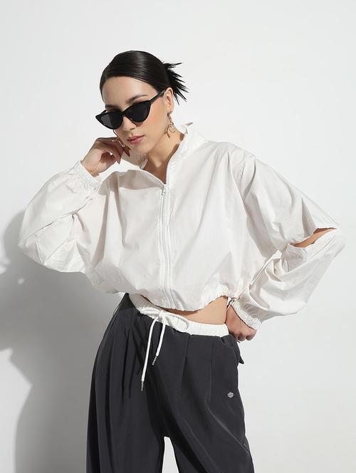 women solid long sleeve crop windcheater jacket - 21979836 -  Standard Image - 0
