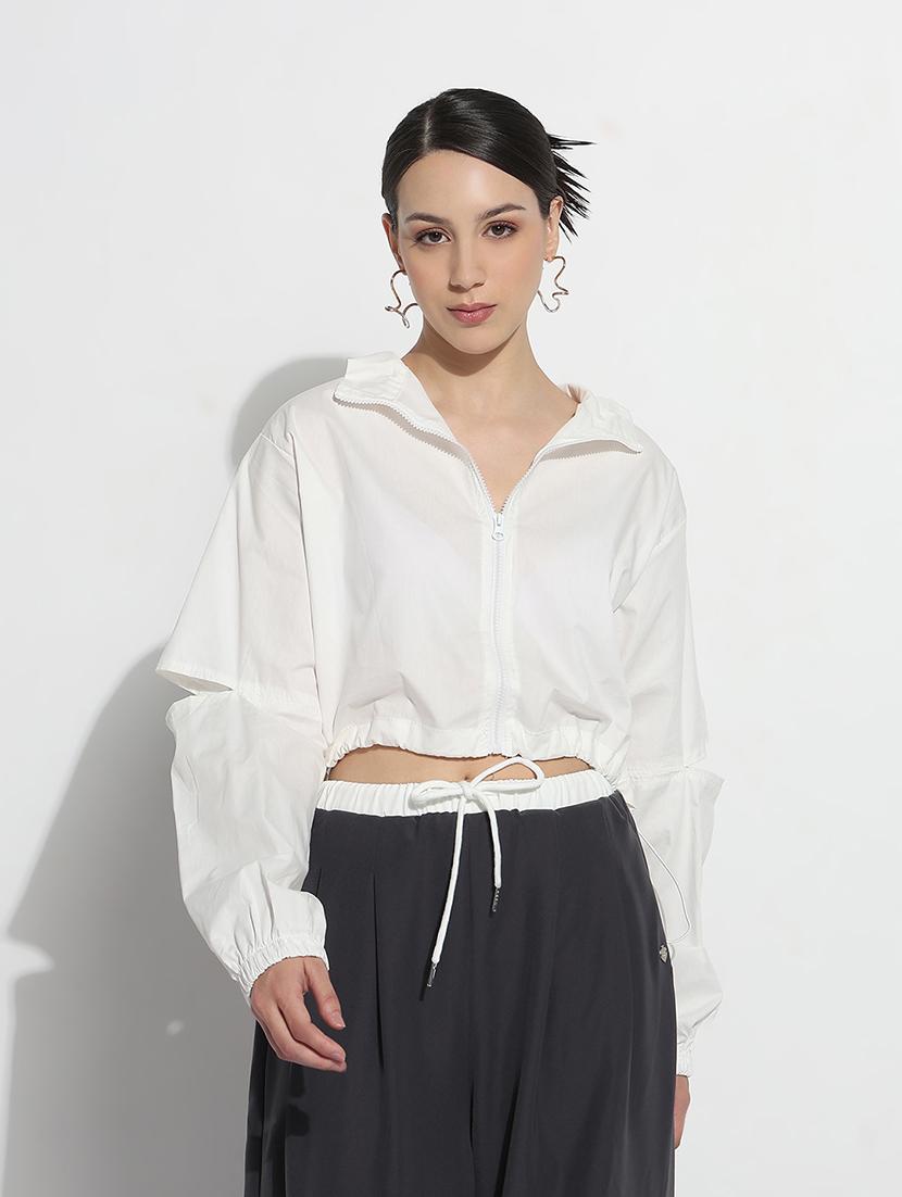 women solid long sleeve crop windcheater jacket - 21979836 -  Standard Image - 1
