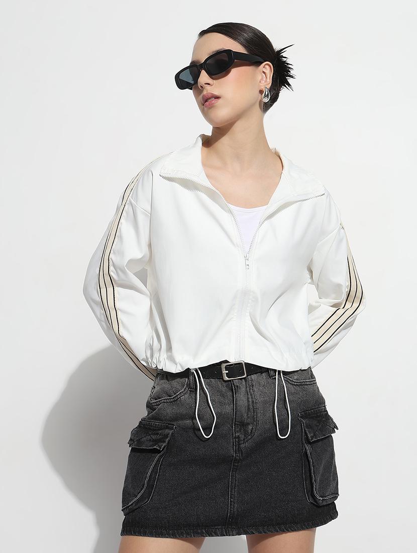 women solid long sleeve crop windcheater jacket - 21979839 - Standard Image - 1