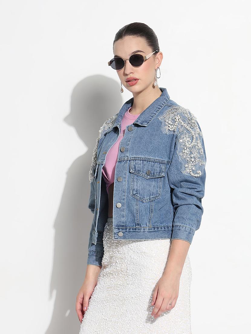 women embellished long sleeve crop denim jacket