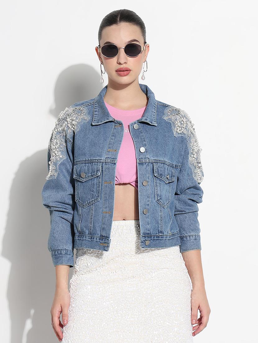 women embellished long sleeve crop denim jacket - 21979840 -  Standard Image - 1