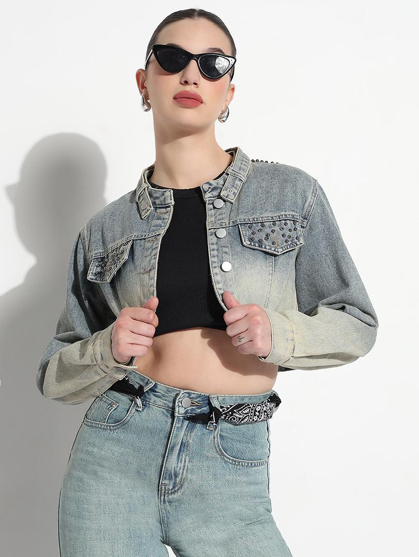 women ombre print long sleeve crop denim jacket - 21979842 -  Zoom Image - 0