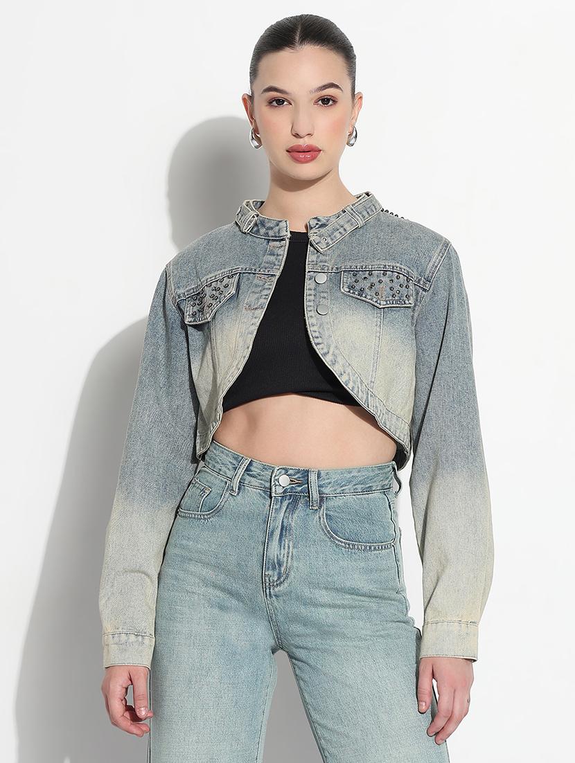 women ombre print long sleeve crop denim jacket - 21979842 - Standard Image - 1