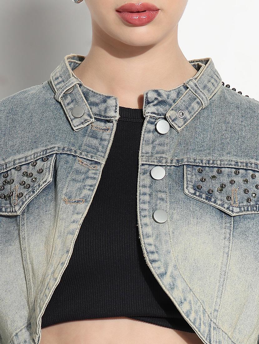 women ombre print long sleeve crop denim jacket - 21979842 - Standard Image - 4