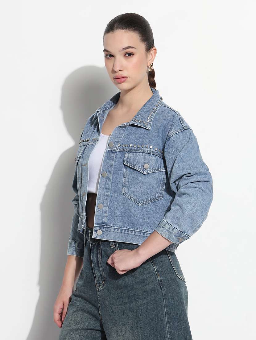 women embellished long sleeve crop denim jacket - 21979843 -  Standard Image - 1