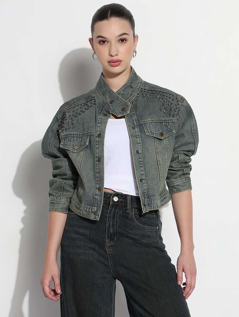 women embellished long sleeve crop denim jacket - 21979844 -  Standard Image - 1