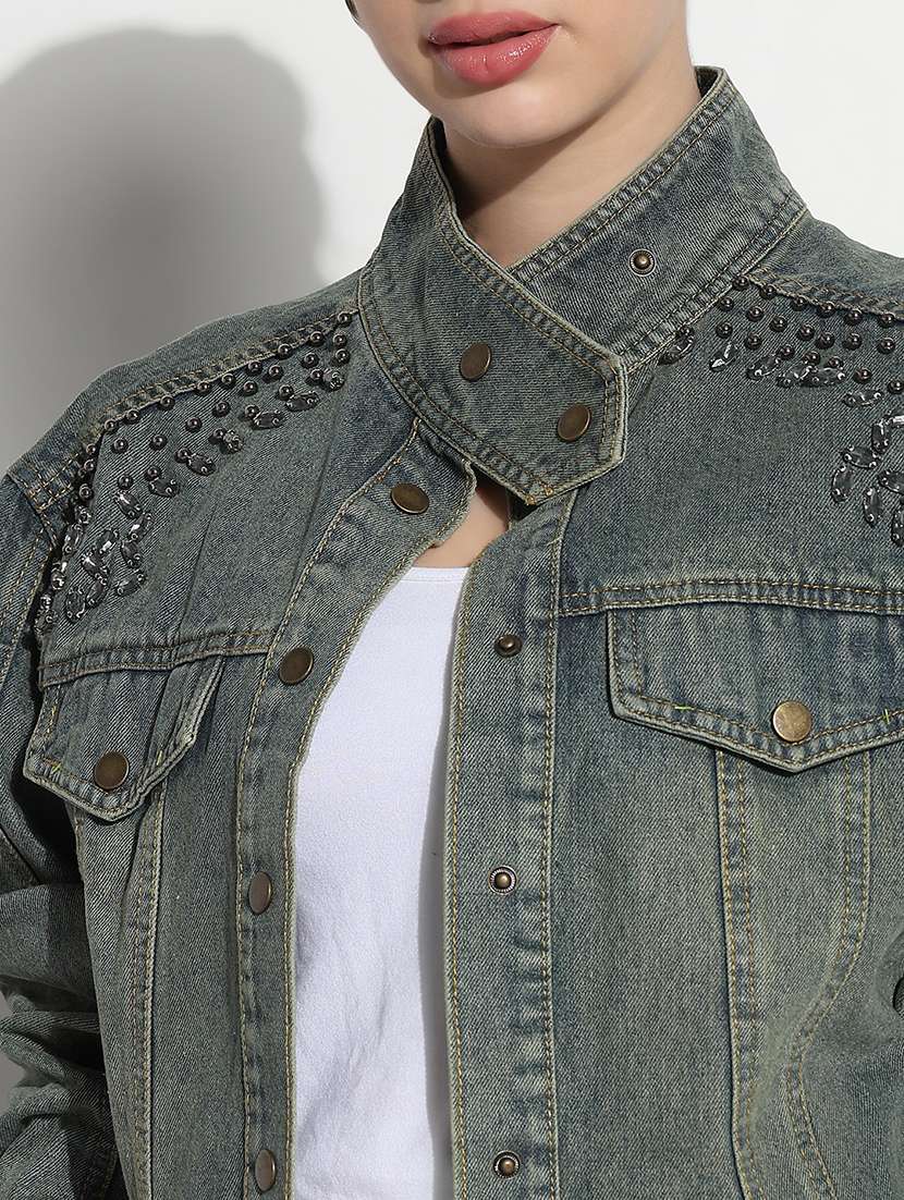 women embellished long sleeve crop denim jacket - 21979844 -  Standard Image - 4