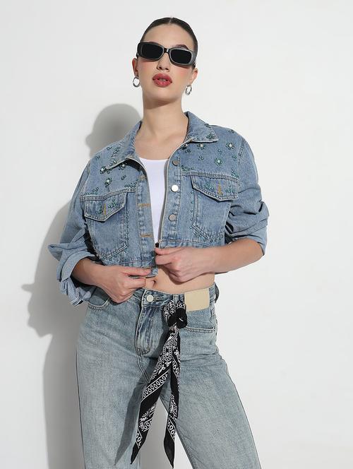 women embellished long sleeve crop denim jacket - 21979845 -  Standard Image - 0