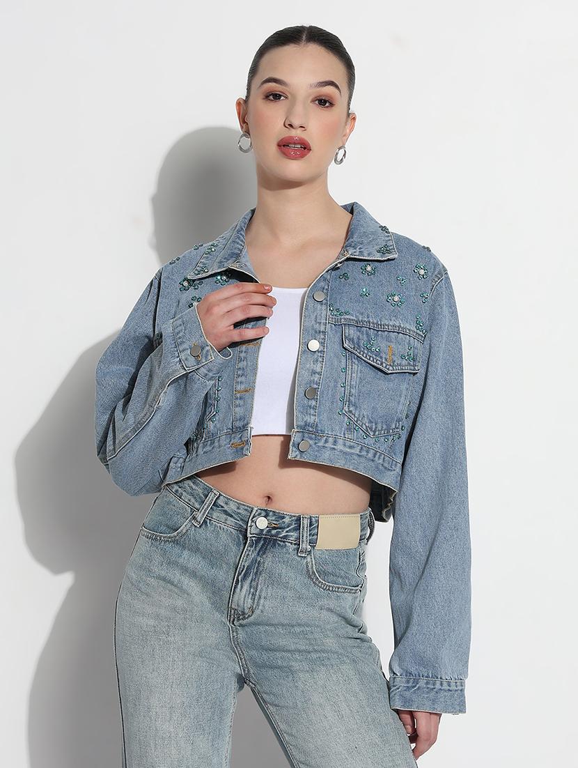women embellished long sleeve crop denim jacket - 21979845 -  Standard Image - 1