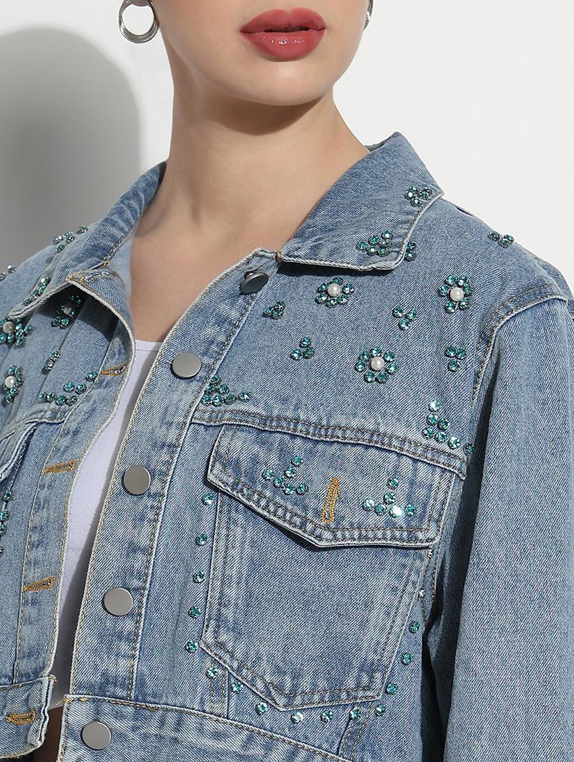women embellished long sleeve crop denim jacket - 21979845 - Standard Image - 4